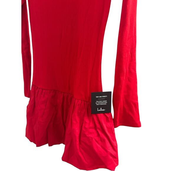 Lulus Red Long Sleeve Mini Dress Size M Ruffle Hem Stretch NWT - Picture 6 of 13
